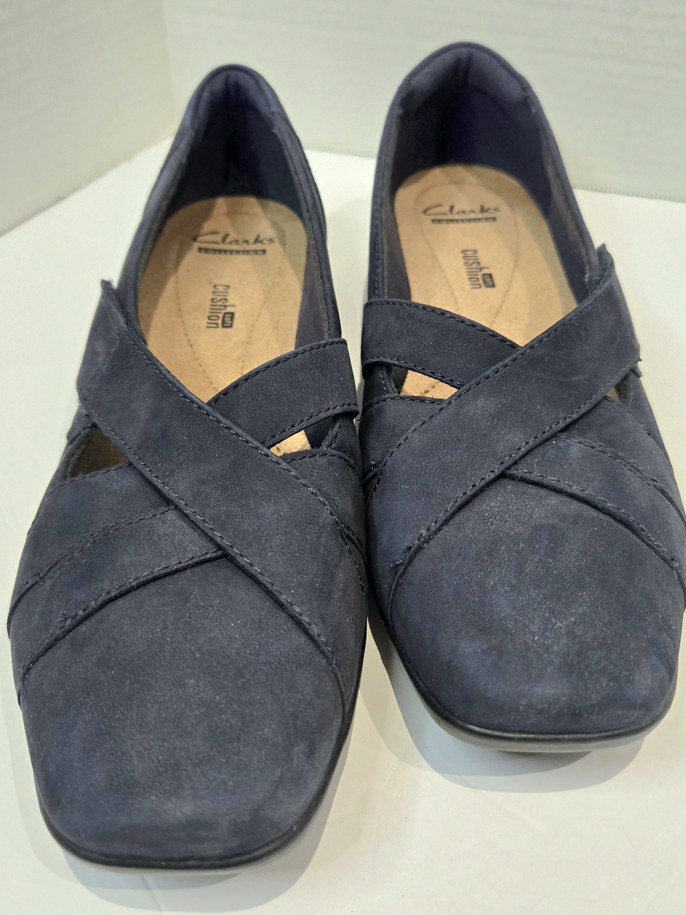 Clarks Navy Suede Criss-Cross Comfort Flats